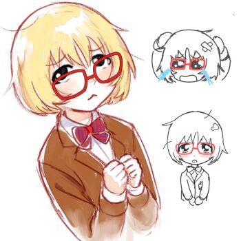1girl :< bandaged_head bandages black_eyes blazer blonde_hair blue_bow blue_bowtie blush bob_cut borrowed_character bow bowtie brown_jacket chibi chibi_only clenched_hands closed_mouth cola_(kibyland) collared_shirt crying crying_with_eyes_open diagonal-striped_bow diagonal-striped_bowtie diagonal-striped_clothes from_side glasses hair_between_eyes hands_on_own_head jacket light_blush long_sleeves looking_at_viewer looking_over_eyewear looking_to_the_side looking_up loose_hair_strand messy_hair open_mouth original own_hands_together qaiiri raised_eyebrows rectangular_eyewear red-framed_eyewear red_bow red_bowtie reference_sheet school_uniform shirt short_hair shy simple_background sketch solo_focus streaming_tears striped_bow striped_bowtie striped_clothes tears tomodachi_life tomodachi_life:_living_the_dream two-tone_bow two-tone_bowtie upper_body upturned_eyes v_arms w_arms white_background white_shirt