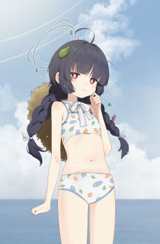 1girl absurdres ahoge bikini black_hair blue_archive blue_sky blush braid closed_mouth cloud cowboy_shot day flat_chest grey_halo halo hand_up hat hat_on_back highres k_hottok leaf leaf_on_head leaf_print loli long_hair looking_at_viewer miyu_(blue_archive) miyu_(swimsuit)_(blue_archive) navel ocean official_alternate_costume outdoors print_bikini red_eyes ribbon sky solo stomach straw_hat swimsuit twin_braids white_bikini