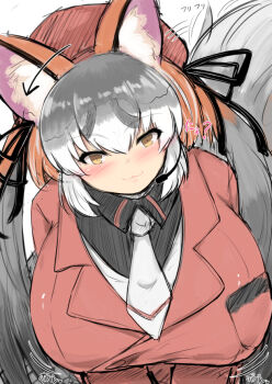 1girl :3 alternate_breast_size_(larger) animal_ear_fluff animal_ears arrow_(symbol) blush breast_pocket breasts closed_mouth fox_ears fox_girl fox_tail ginzake_(mizuumi) grey_hair hair_between_eyes head_tilt headset huge_breasts impossible_clothes impossible_jacket island_fox_(kemono_friends) jacket kemono_friends kemono_friends_v_project leaning_forward leaning_to_the_side long_hair long_sleeves looking_at_viewer motion_lines multicolored_hair necktie pocket red_hair red_jacket ribbon shirt sketch slit_pupils smile solo tail twintails upper_body very_long_hair virgin_killer_sweater virtual_youtuber white_hair yellow_eyes