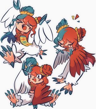 Rule 34 | > <, 1girl, :o, bird legs, bird tail, black eyes, blue hair, bright pupils, claws, closed eyes, commentary request, double bun, feathered wings, feathers, hair bun, harpy, highres, ivi hakase, monster girl, multicolored hair, multiple views, open mouth, original, red hair, tail, talons, two-tone hair, white feathers, white pupils, winged arms, wings