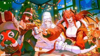 3girls black_shoes black_thighhighs boots breasts christmas_tree commentary dragon_girl dragon_horns dragon_tail dress dual_persona english_commentary gecko_zen hat highres horns indie_virtual_youtuber indoors jacket large_breasts looking_at_viewer multiple_girls necklesslee red_dress red_jacket shoes sweater tail thighhighs virgin_killer_sweater virtual_youtuber white_boots white_hat white_sweater zentreya zentreya_(commander) zentreya_(cyborg) zentreya_(dragon)