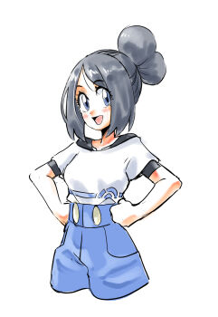 Rule 34 | 1girl, :d, bettie (pokemon), black hair, blue eyes, blue shorts, blush, commentary request, cropped legs, eyelashes, hands on own hips, happy, highres, nintendo, off-shoulder shirt, off shoulder, open mouth, pokemon, pokemon masters ex, shirt, shorts, sidelocks, simple background, smile, solo, u4 99384295, undershirt, white background, white shirt