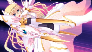 1girl :o aiming armor blonde_hair blue_eyes boots bow_(weapon) breasts bridal_gauntlets crossbow en_ciel_rena en_ciel_rena_(laelith) game_cg gun holding holding_weapon jewelry kourin_tenshi_en_ciel_rena large_breasts large_variant_set long_hair looking_at_viewer magical_girl non-web_source official_art open_mouth saitou_natsuki shield solo suhamaya thigh_boots thighhighs tiara tomoe_rena variant_set very_long_hair weapon white_thighhighs