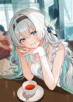 1girl alternate_costume azusa_(980650076) black_hairband blurry blurry_background breasts cup dress firefly_(honkai:_star_rail) gradient_hair green_hair grey_hair hair_between_eyes hair_ornament hairband highres honkai:_star_rail honkai_(series) long_hair looking_at_viewer medium_breasts multicolored_hair parted_lips pink_eyes plate sleeveless sleeveless_dress smile solo tea teacup very_long_hair white_dress
