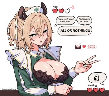 1girl animal_ears black_bra blush bra breasts brown_hair ginotty green_eyes health_bar heart highres indie_virtual_youtuber lace lace_bra large_breasts nimi_nightmare rock_paper_scissors side_ponytail simple_background smile solo speech_bubble tapir_ears tapir_girl twitter_strip_game_parody underwear upper_body virtual_youtuber white_background