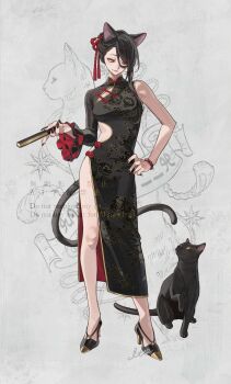 Rule 34 | 1girl, animal, animal ears, bead bracelet, beads, black cat, black dress, black hair, bracelet, cat, cat ears, cat girl, cat tail, china dress, chinese clothes, clothing cutout, dress, full body, hand on own hip, high heels, highres, itou (very ito), jewelry, original, print dress, side slit, signature, single bare shoulder, single sleeve, solo, stomach cutout, tail, thighhighs