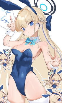 1girl amano_hagoromo animal_ears aqua_bow aqua_bowtie blonde_hair blue_archive blue_eyes blue_hairband blue_halo blue_leotard blue_streaks bow bowtie breasts chibi commentary_request covered_navel detached_collar double_v earpiece expressionless fake_animal_ears hairband halo highleg highleg_leotard highres leotard long_hair looking_at_viewer multicolored_hair official_alternate_costume playboy_bunny rabbit_ears solo strapless strapless_leotard streaked_hair thighhighs toki_(blue_archive) toki_(bunny)_(blue_archive) v white_thighhighs white_wrist_cuffs wrist_cuffs