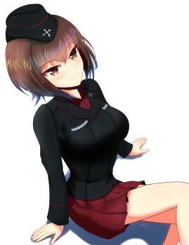 Rule 34 | 1girl, blush, breasts, brown eyes, brown hair, closed mouth, girls und panzer, gratin (kumaisao), highres, kuromorimine military uniform, large breasts, looking at viewer, military uniform, miniskirt, nishizumi maho, red skirt, short hair, simple background, skirt, smile, solo, white background