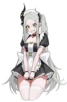1girl absurdres alternate_costume bell black_horns black_nails breasts closed_mouth fang forehead goddess_of_victory:_nikke green_eyes grey_hair highres horns jingle_bell leviathan_(nikke) long_hair maid pointy_ears sehyang simple_background small_breasts tears thick_thighs thighhighs thighs twintails white_background white_thighhighs