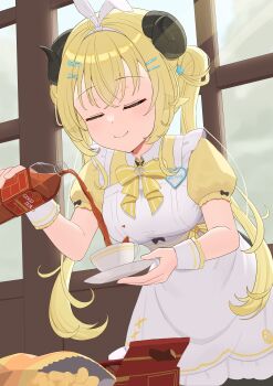 1girl absurdres apron bag_of_chips blonde_hair chips_(food) chocolate closed_eyes closed_mouth commentary_request cowboy_shot cup detached_sleeves double_bun drink facing_viewer food from_side gogo-no-kocha hair_bun hair_ornament hairclip highres holding holding_drink holding_saucer hololive horns indoors kisasage light_smile maid name_tag neck_ribbon parallel_hairclips potato_chips pouring ribbon saucer sheep_girl sheep_horns shirt solo tea teacup tsunomaki_watame twintails unconventional_maid virtual_youtuber white_apron window x_hair_ornament yellow_ribbon yellow_shirt