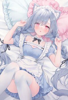 :o animal_ears apron arms_up black_ribbon blue_dress blue_hair blush braid breasts cat_ears cat_tail cleavage dizzy dress hair_between_eyes highres jewelry lace lace-trimmed_dress lace_trim long_hair lying maid_apron maid_headdress necklace on_back on_bed original pink_eyes puffy_short_sleeves puffy_sleeves ribbon shano_hiyori short_sleeves swept_bangs tail thighhighs twin_braids white_thighhighs