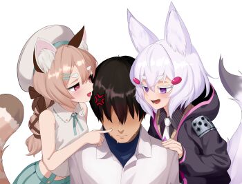1boy 2girls animal_ear_fluff animal_ears brown_hair chenki_(chenki) commentary english_commentary fox_ears fox_girl fox_tail hair_ornament highres hood komachi_panko multiple_girls phase_connect purple_eyes shirt simple_background sleeveless tail tenma_maemi transparent_background virtual_youtuber