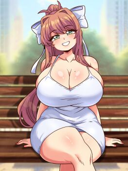 Rule 34 | 1girl, bow, breasts, doki doki literature club, green eyes, large breasts, mole, mole on breast, monika (doki doki literature club), ponytail, ribbon, seireiart, white bow, white ribbon