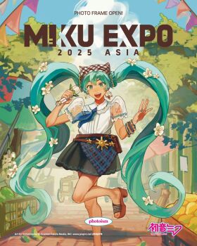 1girl aqua_eyes aqua_hair banner belt black_skirt blue_sky brown_belt brown_shoes cloud commentary copyright_logo copyright_name copyright_notice english_commentary english_text flower hair_between_eyes hair_flower hair_ornament hatsune_miku hatsune_miku_expo highres holding holding_microphone leg_up logo microphone official_art puffy_short_sleeves puffy_sleeves second-party_source see-through_clothes see-through_sleeves shirt shoes short_sleeves skirt sky solo tasalisay twintails vocaloid white_flower white_shirt