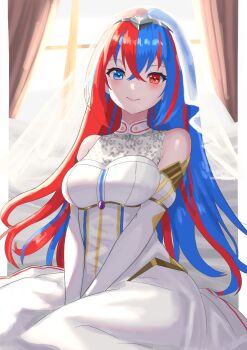 Rule 34 | 1girl, alternate costume, bare shoulders, blue eyes, blue hair, blush, breasts, bridal veil, bride, closed mouth, crossed bangs, dress, elbow gloves, female alear (fire emblem), fire emblem, fire emblem engage, gloves, hair between eyes, heterochromia, highres, large breasts, long hair, looking at viewer, medium breasts, multicolored hair, nintendo, red eyes, red hair, smile, solo, split-color hair, tarutaru193, tiara, two-tone hair, veil, very long hair, wedding dress, white dress, white gloves