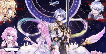 Rule 34 | 1boy, 3girls, aglaea (honkai: star rail), armor, blonde hair, blue eyes, book, commentary, crossed bangs, cyrene (demiurge) (honkai: star rail), cyrene (honkai: star rail), cyrene (philia093) (honkai: star rail), double-parted bangs, dress, english commentary, english text, fingerless gloves, flower, gloves, green eyes, grey hair, hair between eyes, hair flower, hair ornament, highres, holding, holding book, holding sword, holding weapon, honkai: star rail, honkai (series), huge weapon, logo, multiple girls, off shoulder, open book, pauldrons, phainon (a dream scented in wheat) (honkai: star rail), phainon (honkai: star rail), pink flower, pink rose, rose, shoulder armor, single glove, smile, speech bubble, stelle (honkai: star rail), sword, takedraws, trailblazer (honkai: star rail), upper body, weapon