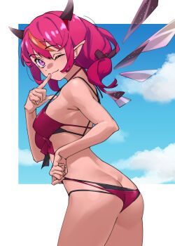 1girl ;) ass bikini black_bikini blue_sky breasts butt_crack cloud commentary criss-cross_back-straps crystal_wings detached_wings double_bikini front-tie_bikini_top front-tie_top halterneck hand_up highres hololive hololive_english horns irys_(hololive) irys_(holonatsu_paradise)_(hololive) layered_bikini looking_at_viewer low_ponytail medium_breasts medium_hair official_alternate_costume one_eye_closed outdoors pink_eyes pointy_ears ponytail purple_bikini red_hair sky smile solo standing star-shaped_pupils star_(symbol) swimsuit symbol-shaped_pupils tanabe_(fueisei) virtual_youtuber wings
