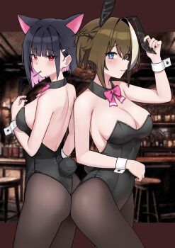 absurdres animal_ears back back-to-back bar_(place) bare_shoulders black_collar black_hair black_leotard black_nails black_pantyhose blue_archive blunt_ends blush bow bowtie braid breasts brown_hair cat_ears cat_girl cheval_grand_(umamusume) cleavage closed_mouth collar colored_inner_animal_ears colored_inner_hair commentary covered_navel crossover detached_collar ear_covers fake_animal_ears fake_tail fingernails hair_intakes half_up_braid highres horse_ears horse_girl iffyru kazusa_(blue_archive) large_breasts leotard looking_at_viewer medium_breasts multicolored_hair nail_polish natsuyoshi_yuuko no_halo nontraditional_playboy_bunny pantyhose pink_bow pink_bowtie pink_hair rabbit_ears rabbit_tail short_hair strapless strapless_leotard streaked_hair tail umamusume voice_actor_connection white_streaks white_wrist_cuffs wrist_cuffs