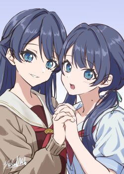 Rule 34 | 2girls, blue dress, blue ribbon, blush, brown dress, cardigan, commentary request, cover image, dress, dual persona, grin, hair ribbon, half updo, hasu no sora school uniform, holding hands, interlocked fingers, link! like! love live!, long sleeves, looking at viewer, love live!, low twintails, mole, mole on neck, multiple girls, multiple seasonal school uniforms, murano sayaka, neckerchief, open cardigan, open clothes, open mouth, puffy short sleeves, puffy sleeves, purple background, red neckerchief, ribbon, sailor collar, sailor dress, satolive20, school uniform, short sleeves, signature, simple background, smile, time paradox, twintails, unfinished, virtual youtuber, white sailor collar