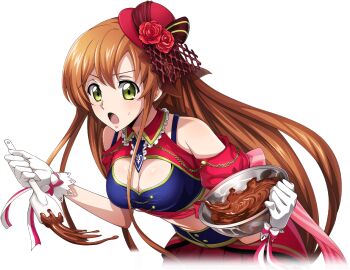 1girl artist_request bare_shoulders blue_necktie blue_shirt blush bowl bowler_hat breasts chocolate cleavage cleavage_cutout clothing_cutout code_geass code_geass:_lost_stories cooking crop_top female_focus flower game_cg gloves green_eyes hands_up hat hat_flower holding holding_bowl holding_spatula idol_clothes leaning_forward light_blush long_hair medium_breasts midriff mini_hat mixing_bowl navel necktie non-web_source official_art open_mouth orange_hair pleated_skirt red_flower red_hat red_rose red_skirt rose shirley_fenette shirt short_necktie short_sleeves shrug_(clothing) sidelocks simple_background skirt sleeveless sleeveless_shirt solo spatula standing sweat tilted_headwear transparent_background v-shaped_eyebrows very_long_hair white_gloves