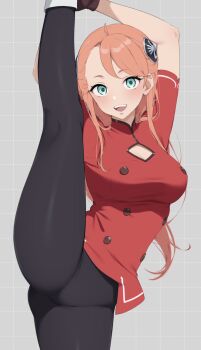 Rule 34 | 1girl, aida rayhunton, aqua eyes, arms up, black pants, blush, breasts, buttons, campbell xx, cleavage cutout, clothing cutout, commentary request, gluteal fold, gundam, gundam g no reconguista, hairpods, highres, large breasts, long hair, looking at viewer, open mouth, pants, patterned background, pink hair, red shirt, shirt, short sleeves, simple background, smile, solo, split, standing, standing on one leg, standing split, teeth, tight clothes, tight pants, upper teeth only