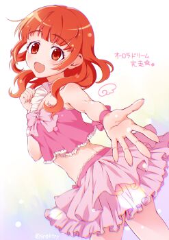 1girl :d absurdres blunt_bangs brown_eyes commentary_request cowboy_shot cropped_shirt from_side hand_up harune_aira highres idol_clothes layered_skirt long_hair looking_at_viewer miniskirt navel open_mouth orange_hair outstretched_arm pink_shirt pink_skirt pretty_rhythm pretty_rhythm_aurora_dream pretty_series reaching reaching_towards_viewer sengokutoroya shirt skirt sleeveless sleeveless_shirt smile solo standing translation_request