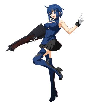 1girl 3d anime_coloring bare_arms bare_shoulders black_skirt blue_boots blue_collar blue_dress blue_eyes blue_hair blue_pupils boots breasts ciel_(tsukihime) cleavage_cutout clothing_cutout collar collared_dress cutout_above_navel dress full_body game_cg glove_cuffs gloves gun hair_between_eyes happy high_heel_boots high_heels highres holding holding_gun holding_weapon huge_weapon index_finger_raised large_breasts looking_at_viewer melty_blood melty_blood:_type_lumina miniskirt multicolored_boots non-web_source official_art open_mouth pleated_skirt powered_ciel seventh_holy_scripture short_hair sidelighting simple_background skirt sleeveless sleeveless_dress solo tachi-e takeuchi_takashi thigh_boots transparent_background tsukihime tsukihime_(remake) two-tone_boots two-tone_gloves type-moon weapon white_gloves