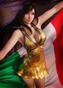 1girl 3d absurdres alternate_costume bare_arms bare_shoulders black_hair breasts cleavage closed_mouth dress earrings eyelashes female_focus final_fantasy final_fantasy_vii final_fantasy_vii_remake highres italian_flag italian_senate_porn_livestream_(meme) italian_senate_porn_livestream_(meme) jewelry legs long_hair looking_at_viewer meme red_eyes ria-neearts smile solo square_enix standing tifa_lockhart twitter_username