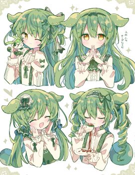 1girl :3 absurdres alternate_costume alternate_hairstyle blush bow buttons center_frills closed_eyes closed_mouth collared_shirt commentary_request creature_and_personification cropped_torso cup dot_nose flower_hairband frilled_hairband frilled_sleeves frills futaba969649 green_bow green_hair green_hairband green_ribbon green_suspenders hair_ornament hair_ribbon hair_up hairband hairclip half_updo hand_up hands_up heart highres holding holding_cup holding_saucer long_hair long_sleeves looking_at_viewer multiple_views ojou-sama_zundamon one_eye_closed open_mouth own_hands_together personification ribbon ringlets saucer shirt sleeve_ribbon smile smug sparkle spill tea translation_request twintails voiceroid voicevox white_shirt yellow_eyes zundamon zundamon_(utau)