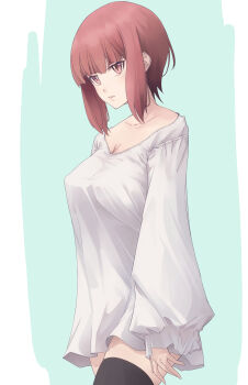 1girl alternate_breast_size_(larger) alternate_costume aqua_background black_thighhighs blunt_bangs breasts brown_eyes dress highres kantai_collection medium_breasts neko_no_hige red_hair short_hair sidelocks solo thighhighs white_dress z3_max_schultz_(kancolle)