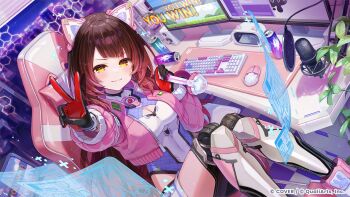 1girl :3 android animal_ears artist_request blue_leotard breasts brown_hair can cat_ears chair cleavage cleavage_cutout clothing_cutout commentary_request computer_keyboard computer_mouse cropped_jacket gaming_chair gradient_hair headphones highres holding holding_headphones hololive hololive_dreams indoors jacket knees_up leotard looking_at_viewer mechanical_ears mechanical_hands mechanical_legs medium_breasts microphone monitor multicolored_hair official_alternate_costume official_art on_chair pink_hair pink_jacket roboco-san second-party_source sitting solo swivel_chair v virtual_youtuber yellow_eyes