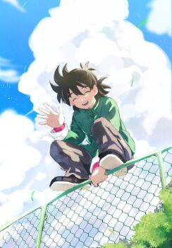 1boy aonano_db backlighting between_legs black_footwear black_hair blue_sky bush chain-link_fence chinese_clothes closed_eyes cloud cloudy_sky cumulonimbus_cloud day dot_nose dragon_ball dragon_ball_super dragon_ball_super_super_hero dragonball_z facing_viewer fence from_below full_body grass green_shirt grey_pants hair_between_eyes hand_between_legs hand_up happy high_collar highres kneeling light_particles long_sleeves male_focus medium_hair messy_hair outdoors pants shirt shoes sky smile son_goten spiked_hair sunlight teeth toggles upper_teeth_only waving