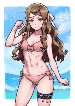 1girl absurdres alternate_costume arm_pump arm_up bare_arms bare_shoulders bikini bow bow_bikini breasts brown_eyes brown_hair cleavage collarbone commission cowboy_shot fire_emblem fire_emblem_fates flexing gluteal_fold hana_(fire_emblem) headband highres ko-fi_commission long_hair looking_at_viewer medium_breasts nintendo ocean outdoors pink_bikini rotomdocs second-party_source sidelocks skindentation solo standing stomach swimsuit thigh_strap thighs toned toned_female