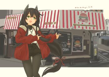 1girl absurdres black_hair black_pantyhose burger day food green_eyes hair_ribbon headgear highres i-47_(kancolle) jacket kantai_collection long_hair long_sleeves looking_at_viewer low-tied_long_hair official_alternate_costume open_mouth pantyhose pot-de red_jacket restaurant ribbon road sasebo shirt shorts street tress_ribbon white_shirt