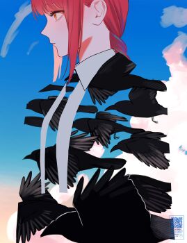 1girl absurdres bird black_bird blending blue_sky braid braided_ponytail chainsaw_man cloud collared_shirt from_side gm_gn8 highres looking_ahead makima_(chainsaw_man) necktie orange_eyes red_hair ringed_eyes shirt sky solo white_shirt