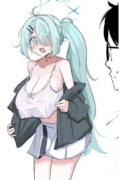 1boy 1girl ahoge alternate_costume aqua_eyes aqua_hair asymmetrical_hair black_jacket blue_archive blue_halo blush bone_hiko breasts cleavage covered_erect_nipples cowboy_shot crop_top crop_top_overhang embarrassed furrowed_brow green_halo hair_ornament hair_over_one_eye hairclip halo highres hiyori_(blue_archive) jacket large_breasts looking_at_viewer miniskirt multicolored_halo off_shoulder open_clothes open_jacket open_mouth see-through_clothes see-through_shirt shirt side_ponytail simple_background skirt solo_focus standing sweatdrop tank_top two-tone_halo white_background white_shirt white_tank_top