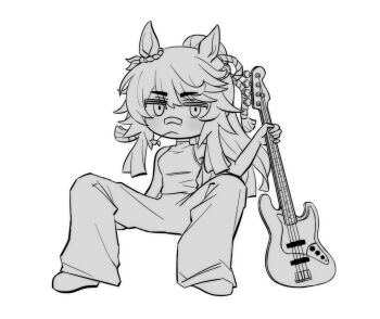 1girl animal_ears baggy_pants bandaid bandaid_on_face bandaid_on_nose bare_arms bare_shoulders bass_guitar blunt_ends breasts casual chibi commentary_request ear_ornament expressionless greyscale guitar hair_between_eyes high_ponytail highres holding holding_guitar holding_instrument horse_ears horse_girl hwipa_(param_blue) instrument jitome knees_up korean_commentary light_blush long_hair long_sidelocks messy_hair monochrome mouth_hold narita_brian_(umamusume) pants ponytail rope shimenawa shirt shoes sidelocks simple_background sitting sleeveless sleeveless_shirt solo stalk_in_mouth thick_eyebrows turtleneck turtleneck_shirt umamusume very_long_hair white_background