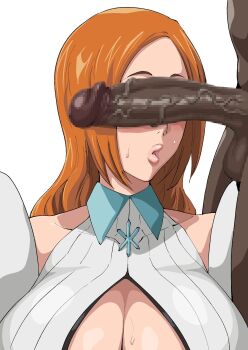 Rule 34 | 1boy, 1girl, bleach, breasts, censored, cleavage, cleavage cutout, clothing cutout, collarbone, dark-skinned male, dark skin, highres, inoue orihime, iwao178, light blush, long hair, mosaic censoring, open mouth, orange hair, penis, penis covering eyes, simple background, sweat, upper body, veins, veiny penis, white background
