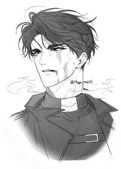 1boy belt black_coat black_eyes black_hair black_shirt blood blood_from_forehead blood_from_mouth blood_on_face breath coat commentary_request crew_neck curtained_hair greyscale korean_commentary maga_mok23 male_focus monochrome narrowed_eyes omniscient_reader&#039;s_viewpoint open_clothes open_coat parted_lips popped_collar portrait serious shirt short_hair solo sweat yoo_joonghyuk