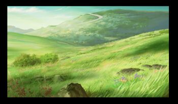 atsumori177 black_border blue_sky border boulder bush cloud cloudy_sky day flower grasslands hill landscape no_humans original outdoors plant purple_flower red_flower road rock scenery shadow sky sunlight