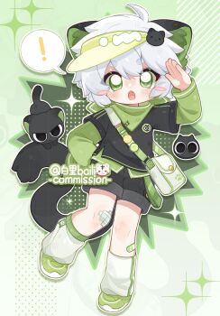 Rule 34 | !, 1boy, animal ears, artist name, baili (mhs 1830189), bandaid, bandaid on leg, black shorts, cat boy, cat ears, commission, fangs, full body, green eyes, grey hair, heixiu, highres, long sleeves, luo xiaohei, luo xiaohei (cat), luo xiaohei (human), luo xiaohei zhanji, male focus, open mouth, short hair, shorts, speech bubble, spoken exclamation mark, tail, watermark, watermark grid, white hair