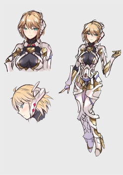 1girl blonde_hair breasts closed_mouth cyborg fiora_(xenoblade) full_body green_eyes inoue_takuya_(tactactak) looking_at_viewer mecha-fiora medium_breasts short_hair simple_background solo upper_body white_background xenoblade_chronicles_(series) xenoblade_chronicles_1