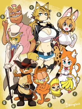 3girls 4boys absurdres animal_ears banana black_boots black_choker black_gloves black_hat black_jacket blonde_hair blue_shorts body_fur bongftah boots burgerpants cane cat_boy cat_ears cat_girl cat_tail choker closed_mouth commentary cropped_jacket cropped_shirt crossover food fruit furry furry_female furry_male garfield garfield_(character) gloves green_eyes hat highres holding holding_bandana holding_cane jacket kemono_friends lace-trimmed_sleeves lace_trim long_hair looking_at_viewer meme mimi_pearlbaton mimi_wo_sumaseba multiple_boys multiple_crossover multiple_girls o-ring o-ring_thigh_strap orange_hair ponytail pulchra_fellini puss_in_boots_(fairy_tale) puss_in_boots_(shrek) re:zero_kara_hajimeru_isekai_seikatsu sad_banana_cat_(meme) serval_(kemono_friends) shirt short_shorts shorts shrek_(series) symbol-only_commentary tail the_baron_(mimi_wo_sumaseba) thigh_strap undertale utdr_(toby_fox) white_shirt yellow_eyes yellow_fur zenless_zone_zero