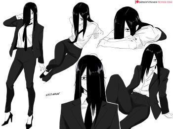 1girl absurdres alternate_costume artist_name breasts collared_shirt commentary dress_shirt english_commentary flat_chest greyscale hair_over_one_eye high_heels highres jacket long_hair looking_at_viewer loose_hair_strand medium_breasts monochrome multiple_girls necktie office_lady open_clothes open_jacket paid_reward_available pants patreon_username shirt shoes signature sweatdrop the_ring virtuware watermark web_address yamamura_sadako
