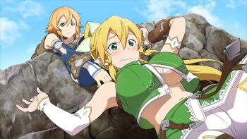 2girls blonde_hair breasts cliff detached_sleeves game_cg green_eyes hair_between_eyes highres large_breasts leafa_(sao) leafa_(sao:im) multiple_girls official_art peril philia_(sao) ponytail short_hair sleeveless sword_art_online sword_art_online:_hollow_realization tagme underboob
