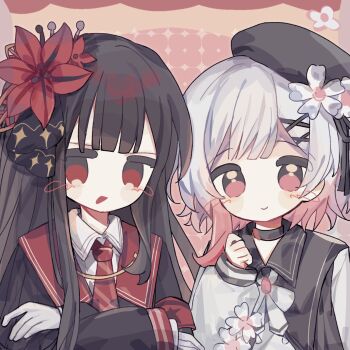 2girls beret black_choker black_hair black_hat black_shirt blunt_bangs chibi chinese_commentary choker closed_mouth collared_shirt commentary_request crossed_arms flower gradient_hair hair_flower hair_ornament hand_up hat highres isomerzzzzzzzz long_hair long_sleeves looking_at_viewer mahou_shoujo_no_majo_saiban mixed-language_commentary multicolored_hair multiple_girls necktie nikaido_hiro open_mouth pink_eyes pink_hair red_eyes red_flower red_necktie sakuraba_ema shirt short_hair smile upper_body white_flower white_hair x_hair_ornament