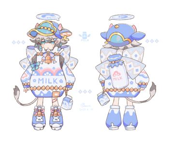 1girl bell blue_eyes blue_halo blue_hat blue_shoes blush_stickers bottle commentary_request cow_girl cow_horns cow_tail dated drink_carton full_body grey_hair hair_ornament hairclip halo hat highres horns long_sleeves looking_at_viewer milk_bottle milk_carton mochimura_sorata multiple_views neck_bell original parted_lips romper shoes signature simple_background standing tail white_background white_romper