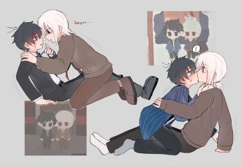 ! 2boys akinashi_haru blood blood_from_forehead casual clothes_grab commentary crazy eye_contact face-to-face formal_clothes from_side full_body game_screenshot_inset hand_on_another's_back hand_on_another's_shoulder hand_rest highres kiss leaning_back looking_at_another low_ponytail male_focus multiple_boys multiple_views necktie necktie_grab neckwear_grab ponytail pose_request profile qinliu_cat reclining saihate_eki screenshot_inset sitting spoken_exclamation_mark sweat symbol-only_commentary tatsunami_shion tearing_up yaoi