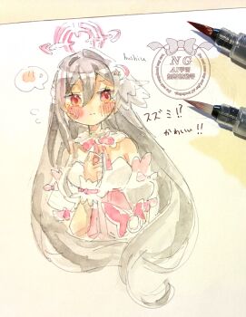 1girl art_tools_in_frame bare_shoulders blue_archive blush bow crescent crescent_hair_ornament cropped_torso detached_collar detached_sleeves flying_sweatdrops hair_between_eyes hair_ornament halo hand_on_own_chest head_wings highres hoshiu_(traditional) long_hair looking_to_the_side magical_girl official_alternate_costume painting_(medium) pink_bow pink_halo red_eyes shy single_hair_intake single_head_wing solo speech_bubble suzumi_(blue_archive) suzumi_(magical)_(blue_archive) thought_bubble traditional_media underbust very_long_hair watercolor_(medium) white_hair wings