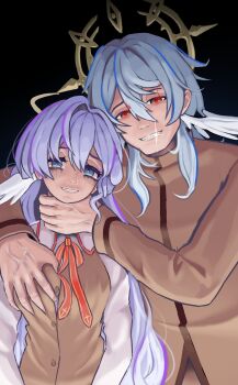 1boy 1girl asphyxiation blue_eyes choked commentary cosplay crossover english_commentary esgarot_iv fate/stay_night fate_(series) grabbing_another's_breast groping highres honkai:_star_rail honkai_(series) incest matou_sakura matou_shinji red_eyes robin_(honkai:_star_rail) school_uniform strangling strangulation sunday_(honkai:_star_rail) tears veins white_hair wings